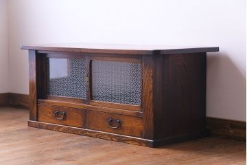 レトロ家具　昭和レトロ　栓材　花のようなカットが愛らしいオリジナルガラス入り戸棚(収納棚、ローボード)