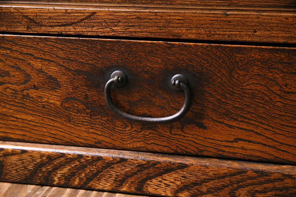 レトロ家具　昭和レトロ　栓材　花のようなカットが愛らしいオリジナルガラス入り戸棚(収納棚、ローボード)