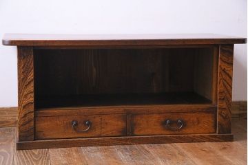 レトロ家具　昭和レトロ　栓材　花のようなカットが愛らしいオリジナルガラス入り戸棚(収納棚、ローボード)(1)