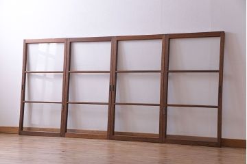 昭和レトロ　シンプルな横桟のガラス戸(窓、引き戸、建具)4枚セット