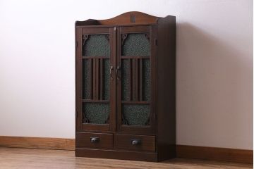 アンティーク家具　昭和初期　当時物色ガラス　大正ロマンの雰囲気を留める色ガラス入り本箱(収納棚、戸棚、キャビネット)