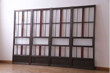 赤い色ガラスがおしゃれな花模様カットガラス入り帯戸(ガラス帯戸、ガラス戸、引き戸、建具)4枚セット