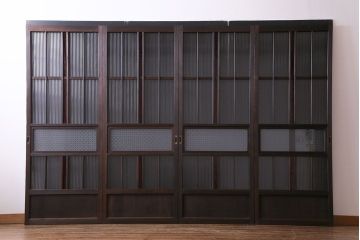 赤い色ガラスがおしゃれな花模様カットガラス入り帯戸(ガラス帯戸、ガラス戸、引き戸、建具)4枚セット