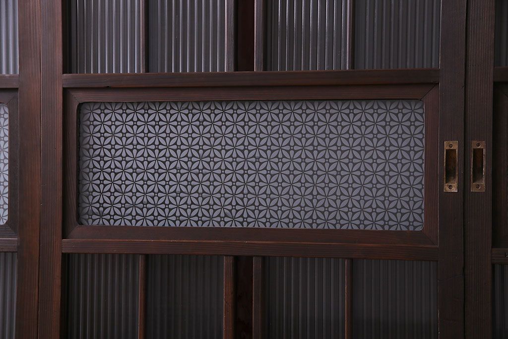 赤い色ガラスがおしゃれな花模様カットガラス入り帯戸(ガラス帯戸、ガラス戸、引き戸、建具)4枚セット