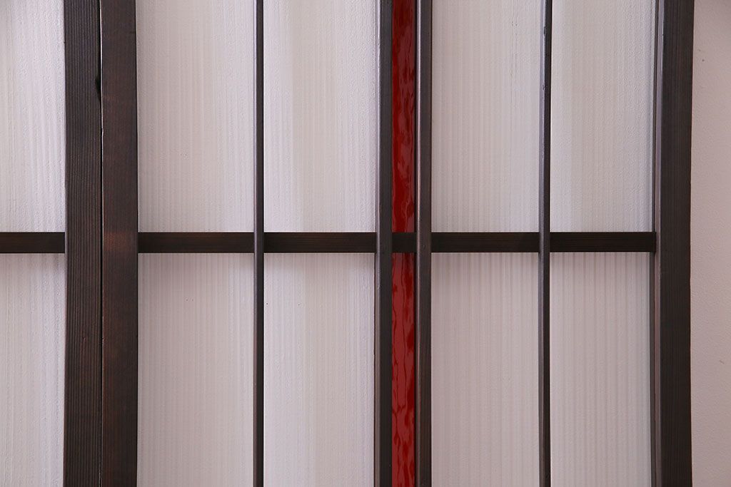 赤い色ガラスがおしゃれな花模様カットガラス入り帯戸(ガラス帯戸、ガラス戸、引き戸、建具)4枚セット