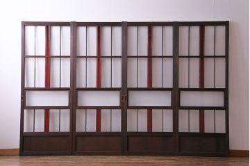 赤い色ガラスがおしゃれな花模様カットガラス入り帯戸(ガラス帯戸、ガラス戸、引き戸、建具)4枚セット