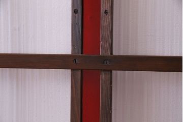 赤い色ガラスがおしゃれな花模様カットガラス入り帯戸(ガラス帯戸、ガラス戸、引き戸、建具)4枚セット