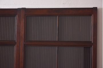 昭和期　当時物ガラス入り　ケヤキ材　細身のシルエットが魅力の万本格子戸(ガラス帯戸、帯戸、引き戸、建具)4枚セット