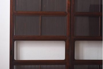 昭和期　当時物ガラス入り　ケヤキ材　細身のシルエットが魅力の万本格子戸(ガラス帯戸、帯戸、引き戸、建具)4枚セット