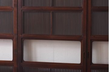 昭和期　当時物ガラス入り　ケヤキ材　細身のシルエットが魅力の万本格子戸(ガラス帯戸、帯戸、引き戸、建具)4枚セット