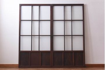 昭和レトロ　ラフジュ工房オリジナルガラス入り　市松模様がおしゃれなガラス格子戸(引き戸、建具)2枚組