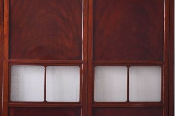 最上手!　総ケヤキ無垢・鏡板一枚板　オリジナルガラスの帯戸(ガラス帯戸、ガラス戸、板戸、引き戸、建具)4枚組