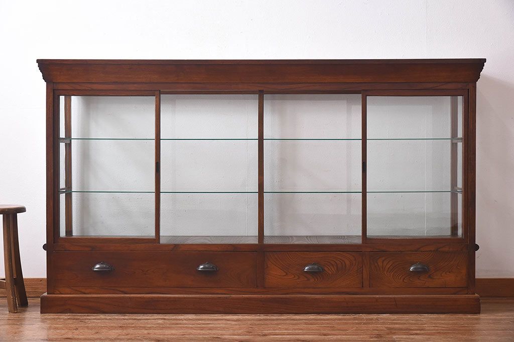 アンティーク家具　最高級レア品　当時物ガラス入り!　総ケヤキ材　特大サイズのガラスケース(ショーケース、陳列棚)