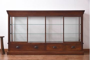アンティーク家具　最高級レア品　当時物ガラス入り!　総ケヤキ材　特大サイズのガラスケース(ショーケース、陳列棚)