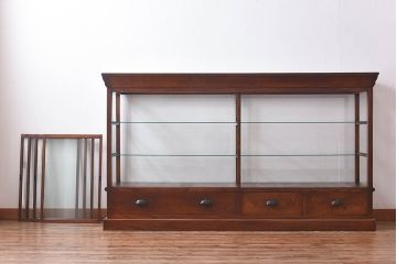 アンティーク家具　最高級レア品　当時物ガラス入り!　総ケヤキ材　特大サイズのガラスケース(ショーケース、陳列棚)