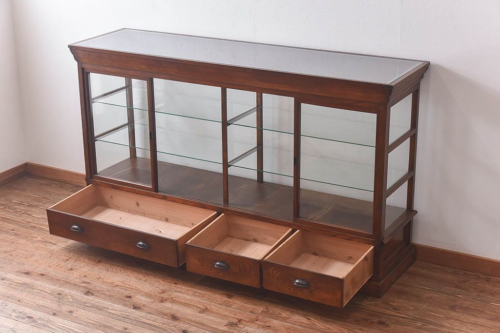 アンティーク家具　最高級レア品　当時物ガラス入り!　総ケヤキ材　特大サイズのガラスケース(ショーケース、陳列棚)