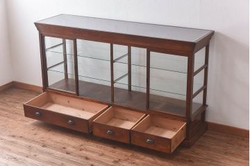 アンティーク家具　最高級レア品　当時物ガラス入り!　総ケヤキ材　特大サイズのガラスケース(ショーケース、陳列棚)
