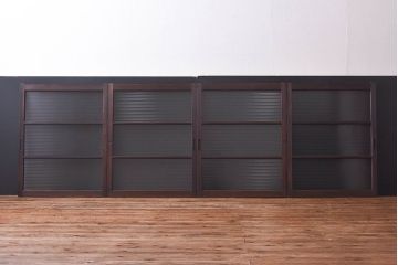 昭和レトロ　モールガラス　木製の温かな雰囲気が魅力な引き戸4枚セット(窓、ガラス戸)