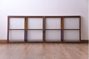 昭和レトロ　2色の色ガラスがアクセントの窓(引き戸、ガラス戸)2枚セット