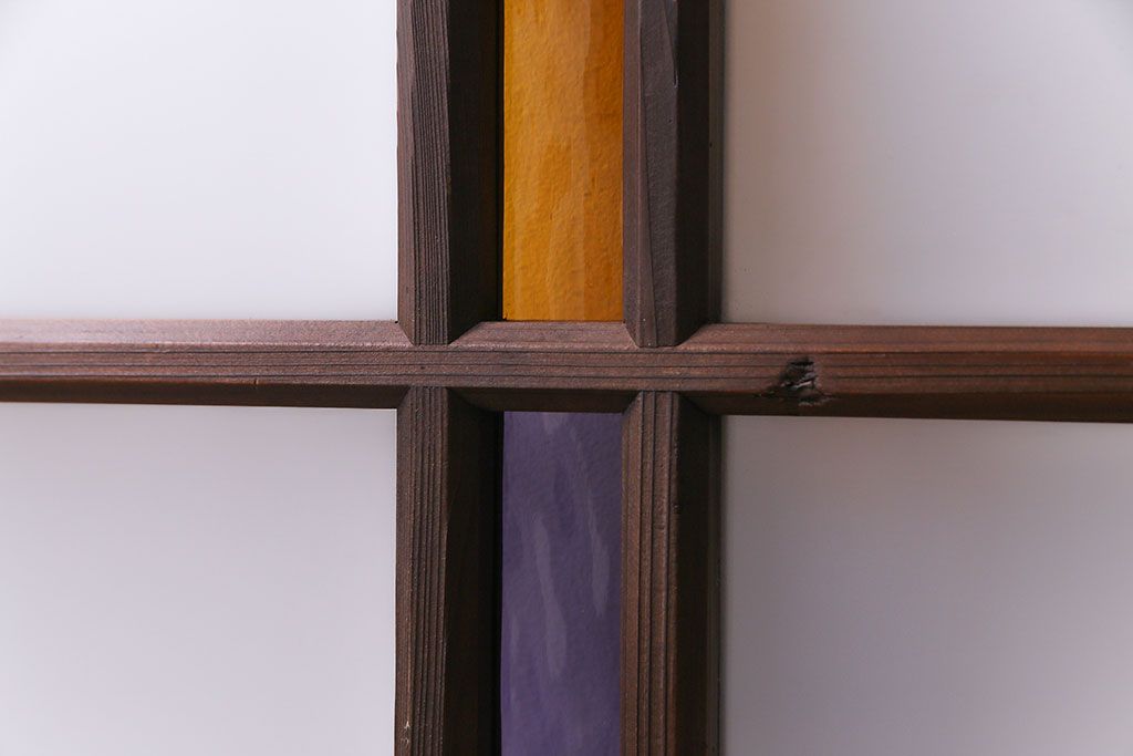 昭和レトロ　2色の色ガラスがアクセントの窓(引き戸、ガラス戸)2枚セット