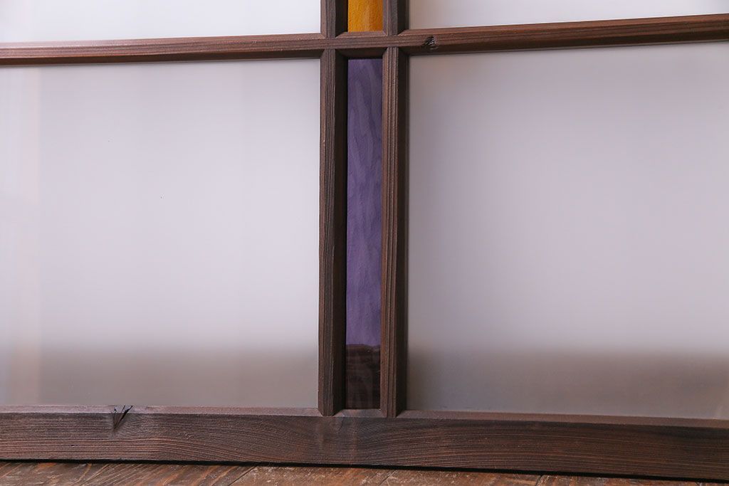 昭和レトロ　2色の色ガラスがアクセントの窓(引き戸、ガラス戸)2枚セット