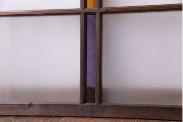 昭和レトロ　2色の色ガラスがアクセントの窓(引き戸、ガラス戸)2枚セット