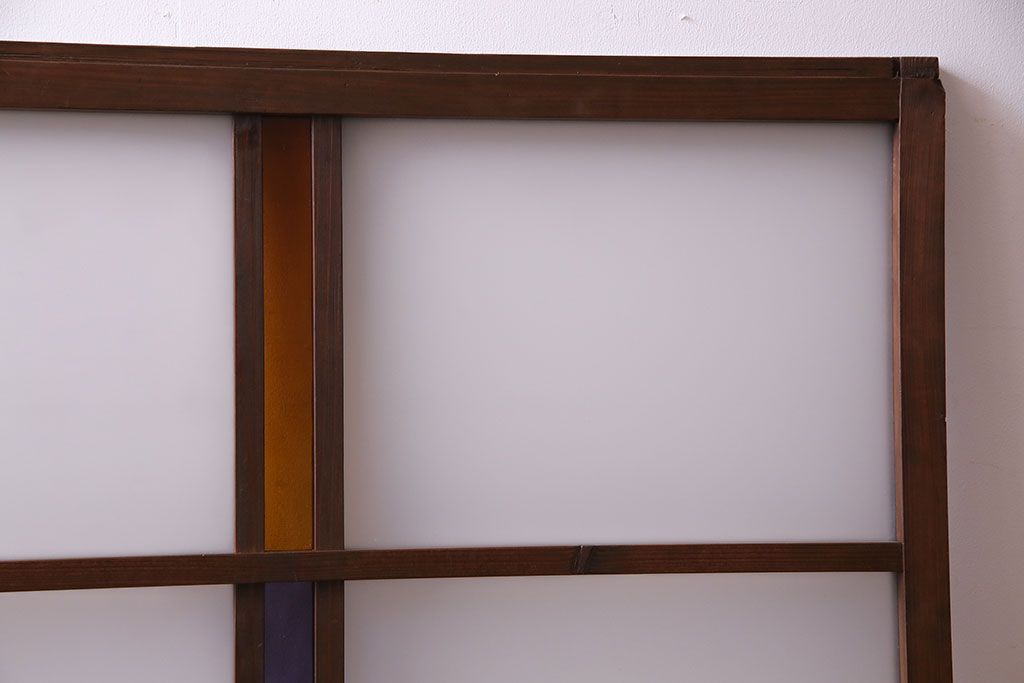 昭和レトロ　2色の色ガラスがアクセントの窓(引き戸、ガラス戸)2枚セット