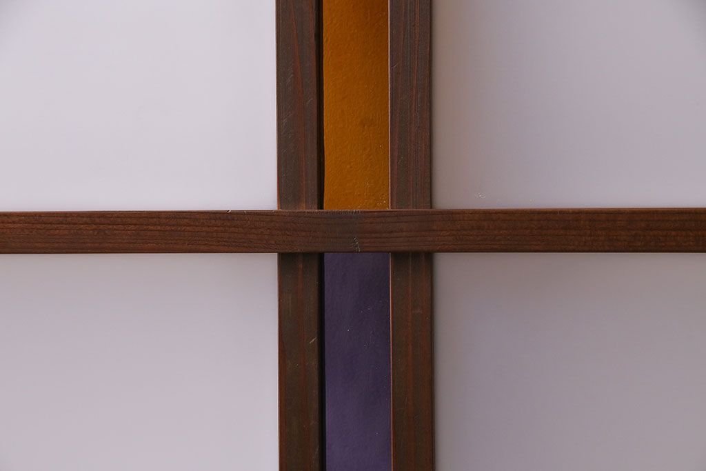 昭和レトロ　2色の色ガラスがアクセントの窓(引き戸、ガラス戸)2枚セット