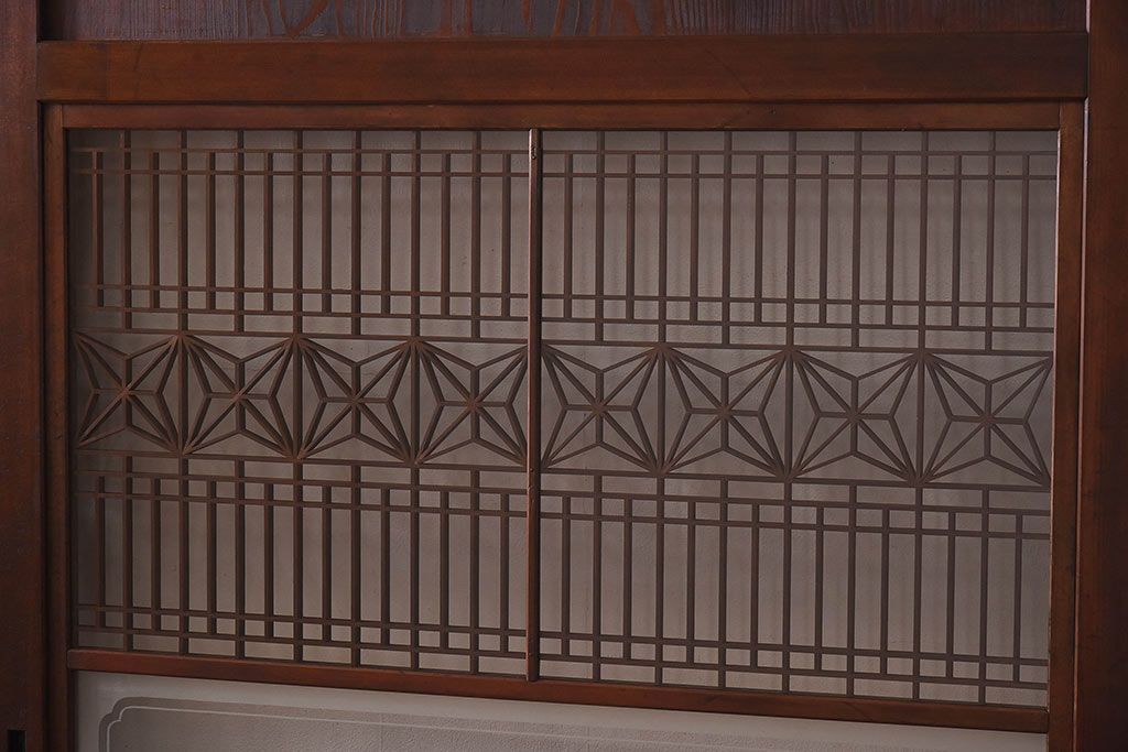 昭和初期　デザインガラス入り　上質な組子が目を惹くガラス帯戸4枚セット(ガラス戸、格子戸)