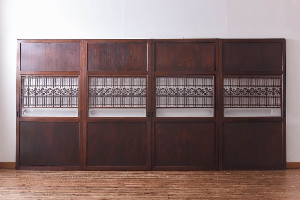 昭和初期　デザインガラス入り　上質な組子が目を惹くガラス帯戸4枚セット(ガラス戸、格子戸)