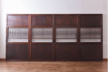 昭和初期　デザインガラス入り　上質な組子が目を惹くガラス帯戸4枚セット(ガラス戸、格子戸)