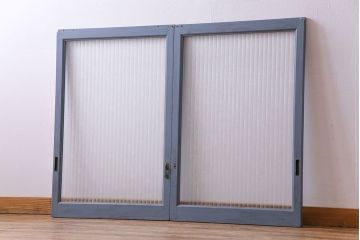 ペイント家具　チェッカーガラス入り!シャビーシックなガラス戸(窓、引き戸、建具)2枚組