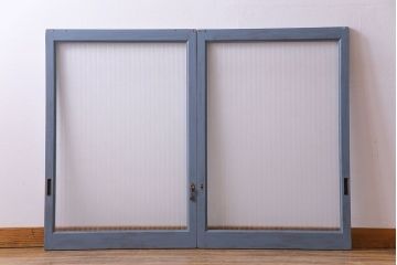 ペイント家具　銀モールガラス入り　レトロでシャビーな雰囲気を楽しめるガラス戸2枚セット(窓、引き戸)