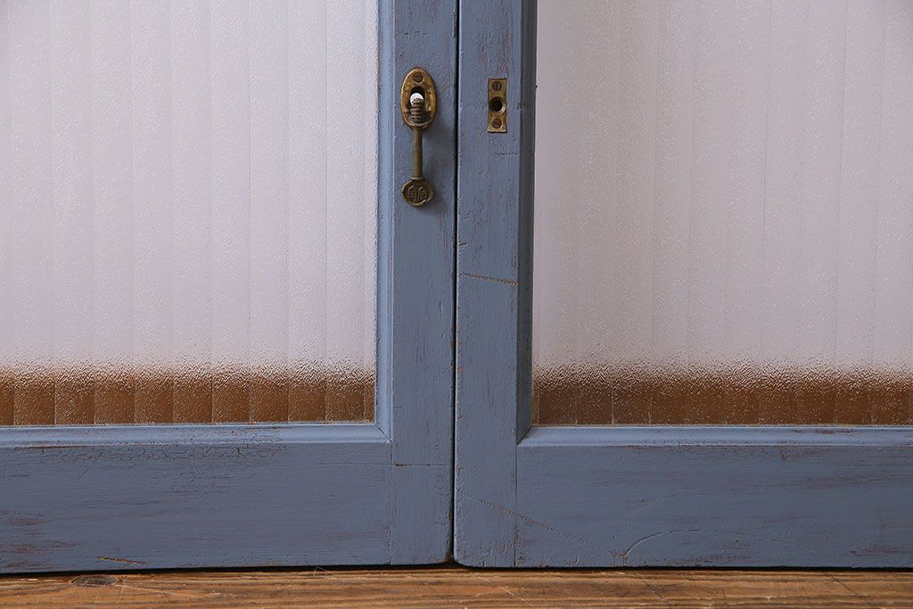 ペイント家具　銀モールガラス入り　レトロでシャビーな雰囲気を楽しめるガラス戸2枚セット(窓、引き戸)