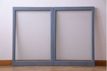 ペイント家具　銀モールガラス入り　レトロでシャビーな雰囲気を楽しめるガラス戸2枚セット(窓、引き戸)