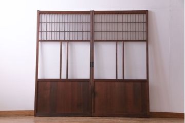 昭和レトロ　オリジナルガラス入り　異なるガラスの組み合わせがおしゃれなガラス帯戸2枚セット(引き戸、建具)