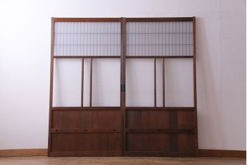 昭和レトロ　オリジナルガラス入り　異なるガラスの組み合わせがおしゃれなガラス帯戸2枚セット(引き戸、建具)