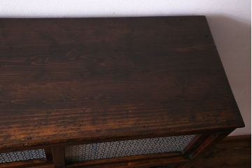 レトロ家具　和製アンティーク　オリジナル花ガラス入り!　レトロなアンティーク色ガラスが魅力的な食器棚(収納棚、キッチンボード、戸棚)