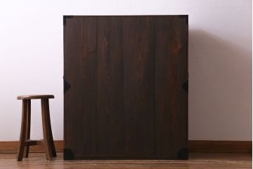 アンティーク家具　和製アンティーク　上手物!三方欅材　杢目の美しさと重厚な金具が目を惹く松本帳場箪笥(時代箪笥、引き出し、戸棚)