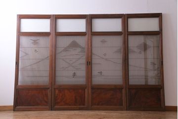 上手物　ケヤキ材使用　組子で富士が描かれたガラス戸(引き戸、建具)4枚セット