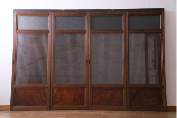 上手物　ケヤキ材使用　組子で富士が描かれたガラス戸(引き戸、建具)4枚セット