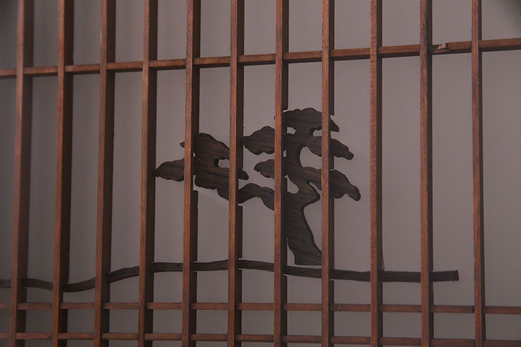 上手物　ケヤキ材使用　組子で富士が描かれたガラス戸(引き戸、建具)4枚セット