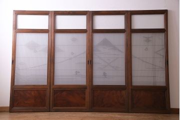上手物　ケヤキ材使用　組子で富士が描かれたガラス戸(引き戸、建具)4枚セット