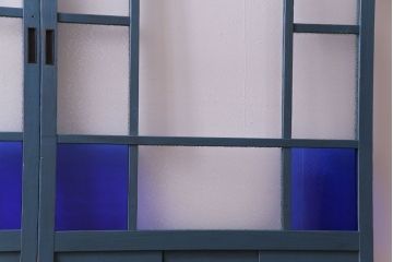昭和初期　ペイント建具　色ガラスがアクセントになったペイントガラス戸2枚セット(引き戸、建具)