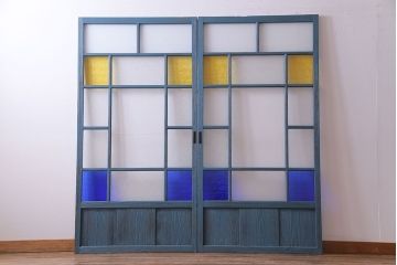 昭和初期　ペイント建具　色ガラスがアクセントになったペイントガラス戸2枚セット(引き戸、建具)