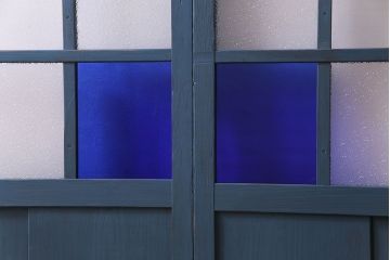 昭和初期　ペイント建具　色ガラスがアクセントになったペイントガラス戸2枚セット(引き戸、建具)