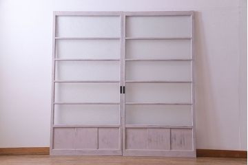 ペイント家具　ダイヤガラス　レトロでシャビーな雰囲気を楽しめるガラス戸2枚セット(窓、引き戸)