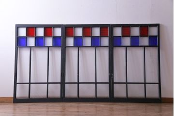 ペイント家具　色ガラス入り　モダンな雰囲気を演出するガラス戸(窓、建具、引き戸、格子戸)3枚組