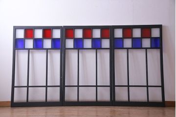 ペイント家具　色ガラス入り　モダンな雰囲気を演出するガラス戸(窓、建具、引き戸、格子戸)3枚組