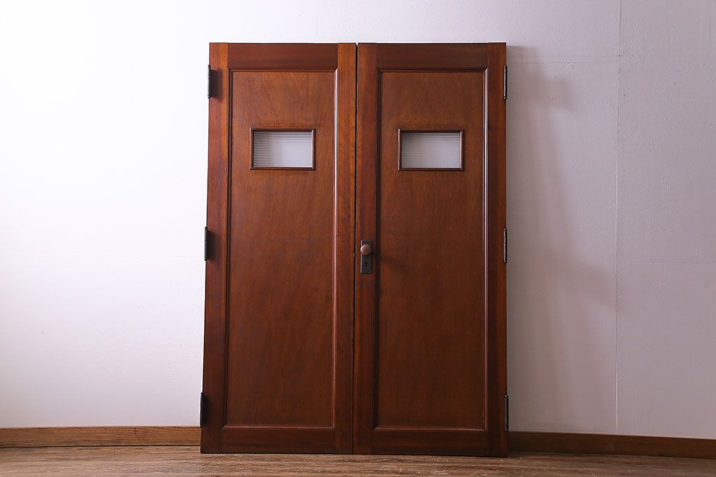 昭和レトロ　両開き　モールガラス入り!　大振りサイズが魅力的な親子ドア(建具、扉、木製ドア)1対